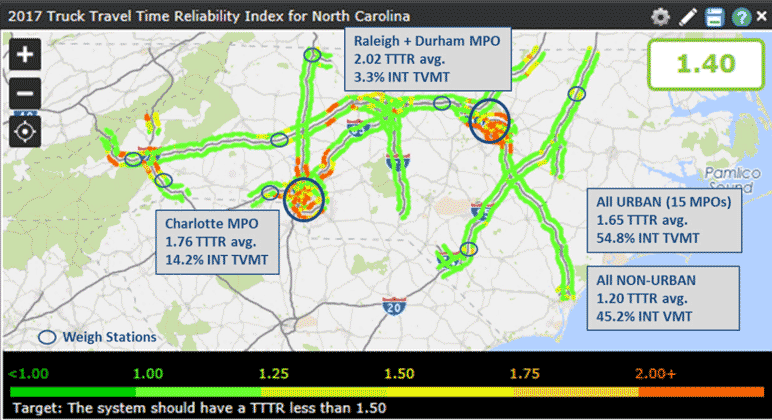 Map of the North Carolina Interstate system with values for the Truck Travel Time Reliability measure coded onto highway segments.