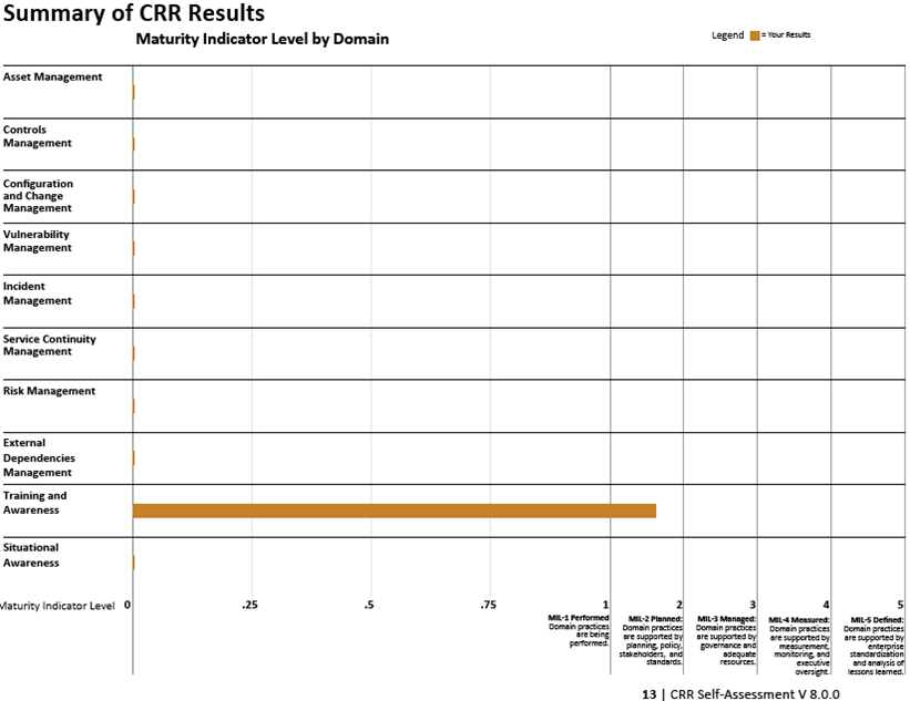 An example summary of Cyber Resilience Review results presented as a bar chart by domains.