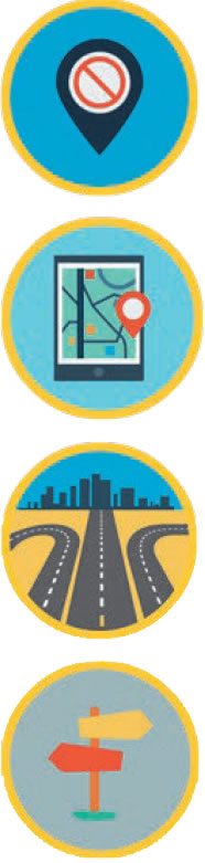 Four images: Not allowed symbol, Phone screen of road map, multiple roads icon, and directional signs