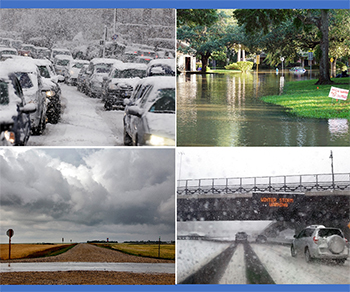 Photographs used on the cover of the document highlighting various conditions impacted roadways: winter storms, rain storms, and flooding.