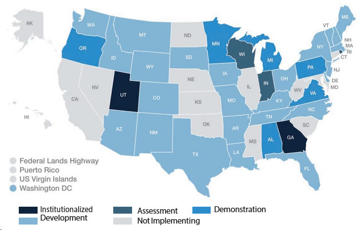 Map: ATSPM baseline deployment showing states in development, demonstration, assessment, or institutionalized implementation and states not implementing