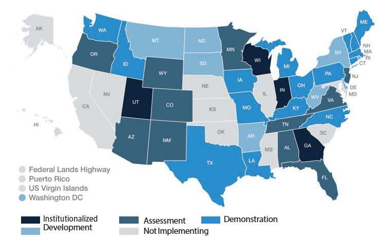 Map: ATSPM final deployment showing states in development,  demonstration, assessment, or institutionalized implementation and states not implementing