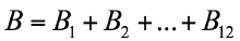 Total benefit (B) is equal to the summation of all twelve benefits defined in table 6 of the report. This summation is expressed as (B subscript 1) plus (B subscript 2) plus all other benefits, ending with (B subscript 12).