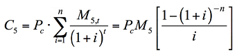 The cost of communication system maintenance (C subscript 5) is equal to the product of (P subscript c) and summation of terms across all values of i from 1 to n.