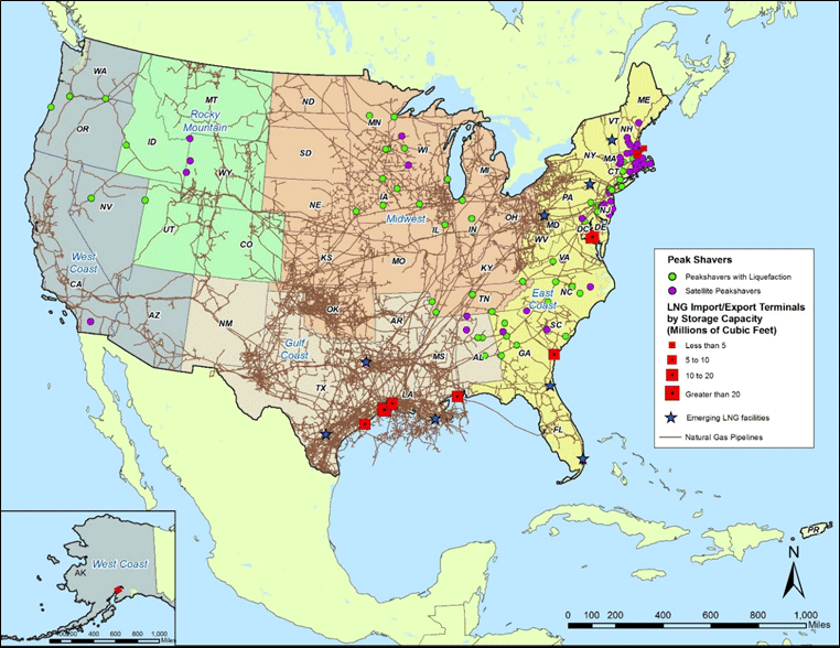 A map of the national network of liquefied natural gas facilities. This includes peak shaves, import/export terminals, and emerging facilities.