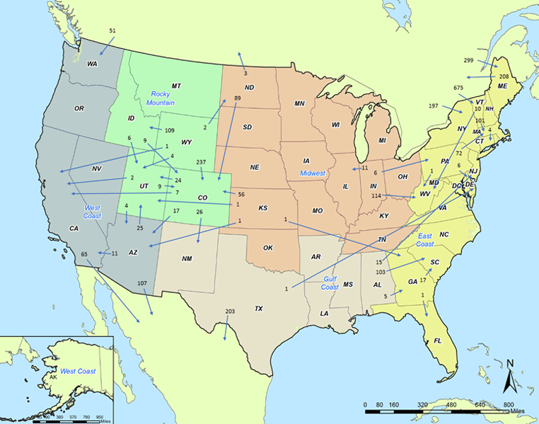 A map of the United States that displays the flow of natural gas between states that were transported by truck. Many of the states do not have flows between them.