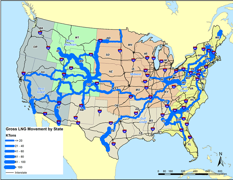 A map that shows the weight of liquefied natural gas movements between states by truck. There is a cluster of states in the Rocky Mountain region of the country and the Northeast region where the most movement by weight takes place.