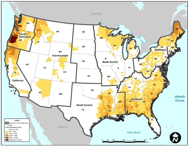 Figure 57 is a nationwide map that depicts the production of logs at the county-level. The highest log production rates are in the Pacific Northwest, Southeast, and Northeast regions of America.