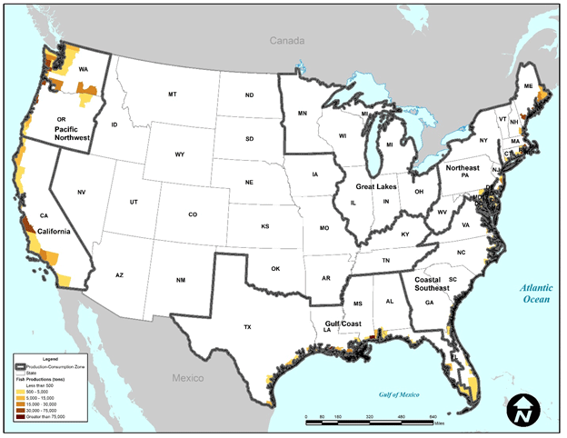 Figure 62 is a nationwide map that depicts the production of fish at the county-level. The highest fish production rates are in the along the West, East and Gulf coasts of the country.