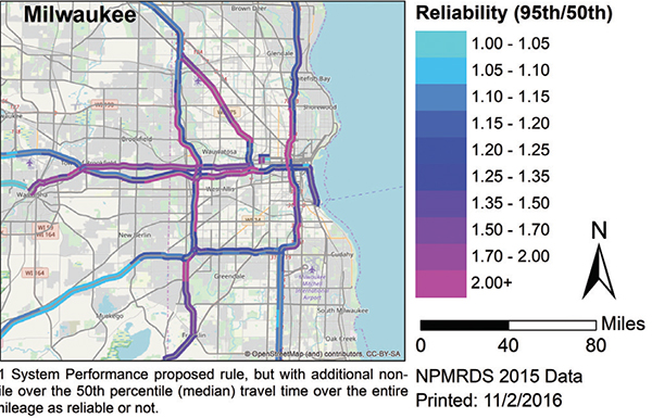 Map of Milwaukee showing roads in color scale by reliability. Source: Wisconsin DOT.