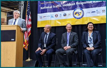Figure 16 is a photo showing the "Using Data to Improve Traffic Incident Management" panel, which includes Paul Jodoin, Captain John Paul Cartier, Galen McGill, and Vaishali Shah.