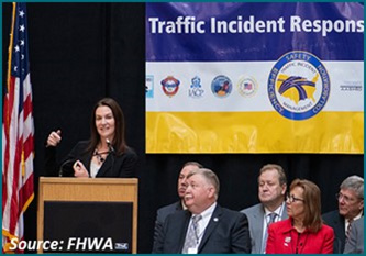 Figure 6 is a photo that shows Federal Highway Administration Administrator Nicole R. Nason with Traffic Incident Management Executive Leadership Group members addressing the summit.