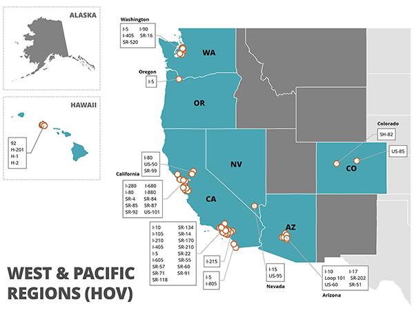 Figure 10. A map of the Western Region of the United States, inclusive of California, Oregon, Washington, Idaho, Nevada, Utah, Montana, Wyoming, Colorado, New Mexico, Arizona, Alaska, and Hawaii.