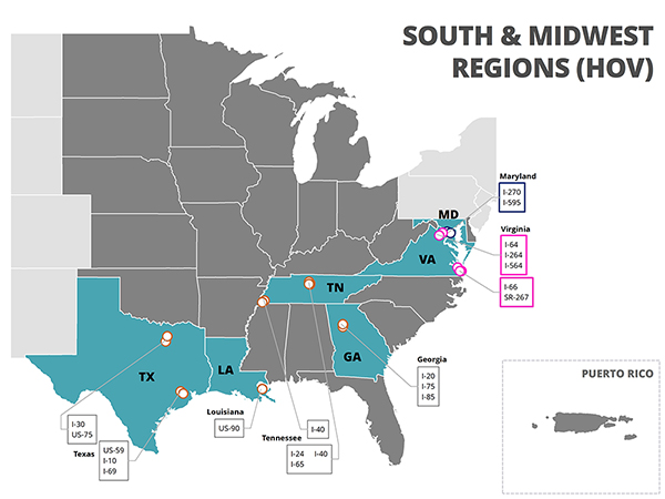 A map of the Southern and Midwest Region of the United States, and Puerto Rico