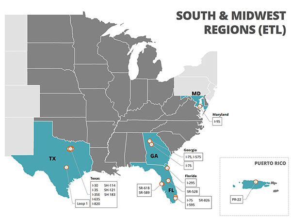 Figure 15. A map of the Southern and Midwest Region of the United States.