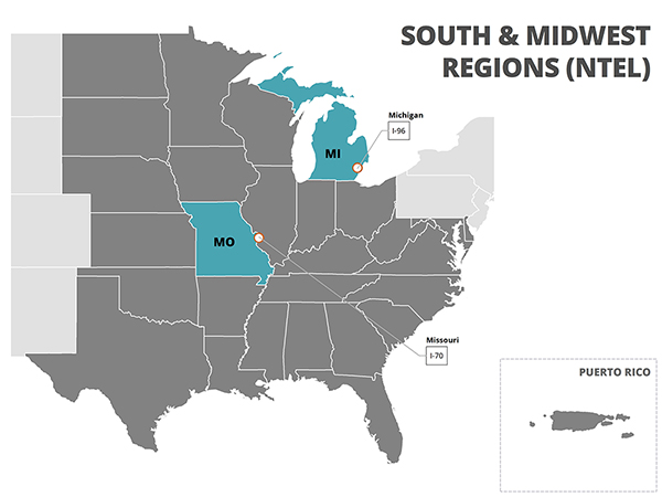 Figure 17. A map of the Southern and Midwest Region of the United States.