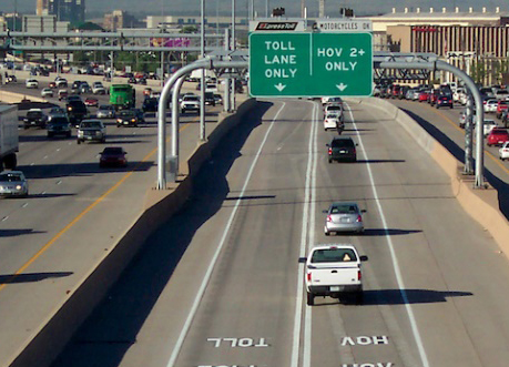 Overhead of a two-lane, bi-directional managed lane that operates in the median of I-25 in Denver, Colorado.