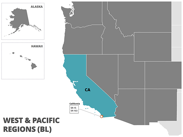 A map of the Western Region of the United States, inclusive of California, Oregon, Washington, Idaho, Nevada, Utah, Montana, Wyoming, Colorado, New Mexico, Arizona, Alaska, and Hawaii.