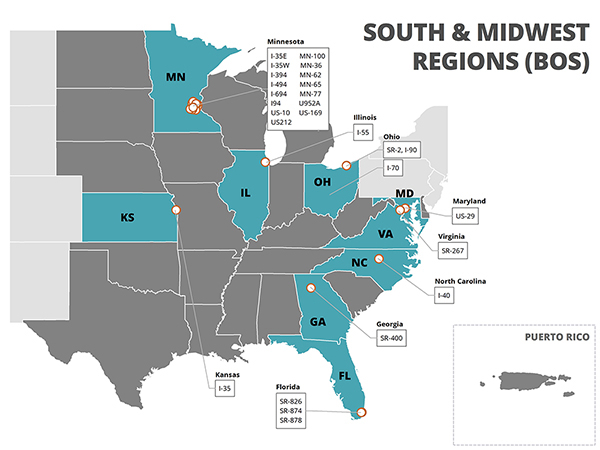 Figure 24 A map of the Southern and Midwest Region of the United States.