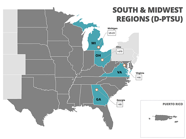 Figure 26. A map of the Southern and Midwest Region of the United States.