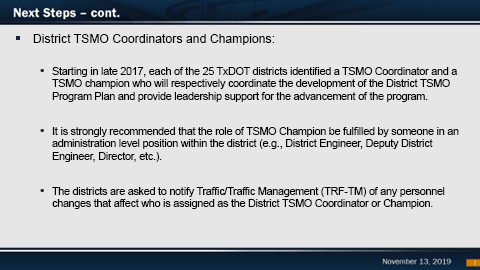 A slide from the Texas Department of Transportation (TxDOT) Transportation Systems Management and Operations (TSMO) presentation.