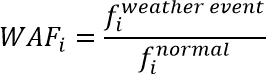 (WAF subscript i) equals the value of parameter i under a certain weather condition (f superscript weather event subscript i) divided by the value of parameter i under normal conditions (f superscript normal subscript i).