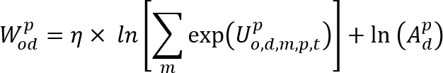 The destination choice utility for trip purpose p from zone o to zone d (W superscript p subscript od) equals a model parameter (eta)...
