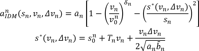 Equation depicts the intelligent driver acceleration model.