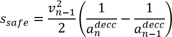 The safe following distance (s subscript safe) equals the square of the leader's speed ...