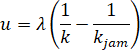 Space mean speed (u) equals vehicle interaction sensitivity parameter (lambda) multiplied by (open parenthesis) the inverse of density (k) minus the inverse of the jam density (k subscript jam) (close parenthesis).