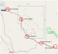 Map shows Interstate 80 between Cheyenne and Laramie. Circles are drawn indicating locations of five interchanges at regular intervals along the highway: interchange 1 at Laramie...