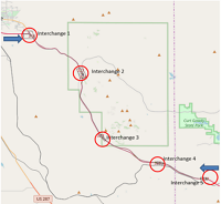 Map shows Interstate 80 between Cheyenne and Laramie. Circles are drawn indicating locations of five interchanges at regular intervals along the highway:...