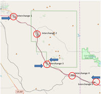 Map shows Interstate 80 between Cheyenne and Laramie. Circles are drawn indicating locations of five interchanges at regular intervals along the highway: interchange 1 at Laramie, and...