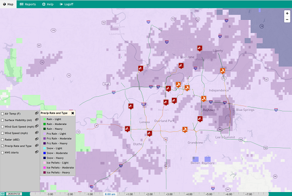 The figure depicts the IMRCP map interface with traffic, incident, and weather conditions during a major winter storm across the Kansas City region on January 22, 2020.