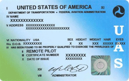 A a sample remote pilot certificate showing the following information: name, address, nationality, date of birth, sex, height, weight, hair and eye color, a certificate number and date of issue.