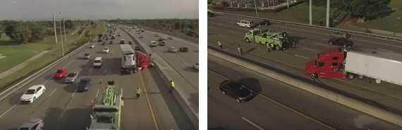 Two aerial photographs of an accident with a tractor trailer truck on an eight-lane highway in Florida taken with unmanned aircraft systems.