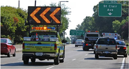 A FIRST responding to an incident on a highway. The team includes an ambulance, police car, tow truck and a pick up truck with a dynamic message sign with arrows directing traffic around the event.
