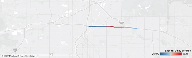 Map of I-70 in Denver from I-25 to I-270.