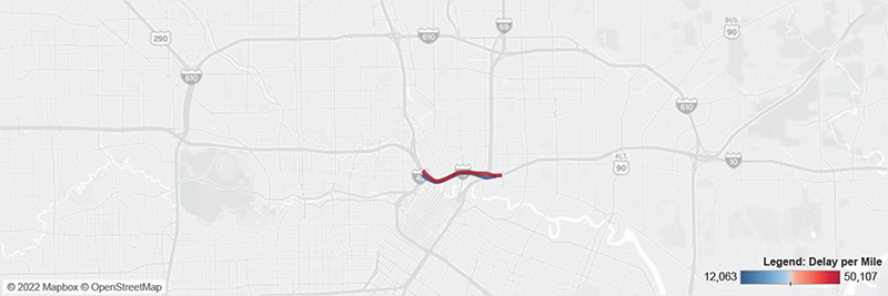 Map of I-10 in Houston from I-69 to I-45.