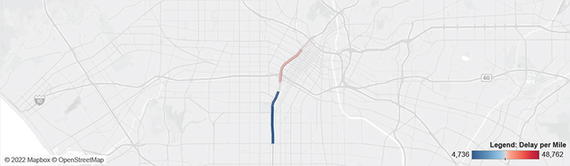 Map of I-110/CA-110 in Los Angeles from I-10 to SR-42 Stauson Avenue.