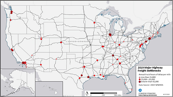 U.S. map of interstates and the top 100 freight bottlenecks based on truck hours of delay per mile. Most bottlenecks occur on the I-95 corridor from Washington, DC, to Boston; Texas; and California with others in Washington and the Chicago area.