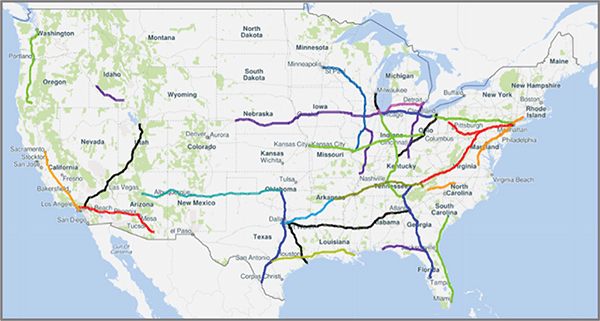 U.S. map of 30 nationally significant interstate freight corridors.