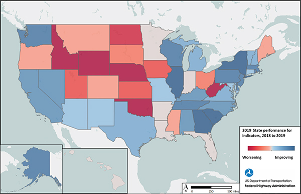 U.S. map of state performance either improving or worsening between 2018 and 2019 showing that central plains and mountain west states generally worsened in performance compared to all other states.