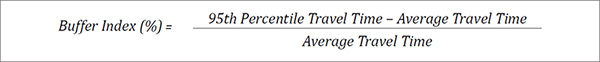 Buffer index (expressed as a percentage) equals the 95th percentile travel time minus the average travel time all divided by the average travel time.