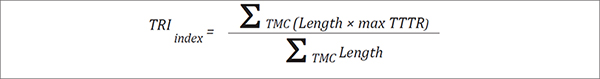 Truck reliability index (index) equals the sum of all TMC's length times the max TTTR divided by the sum of all TMC's length.