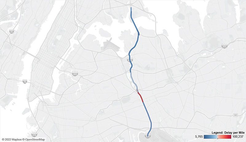 Map of I-678 in New York from I-495 to Belt Parkway and I-295/I-95 to the south end of the Bronx-Whitestone Bridge.