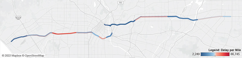 Map of I-10 in Los Angeles from 20th Street to I-5 and at I-605.