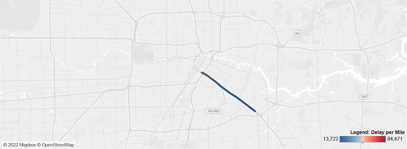 Map of I-45 in Houston from US-90 to I-69.