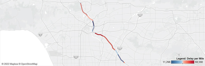 Map of I-5 in Los Angeles from SR-134 Ventura Freeway to I-605.