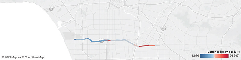 Map of I-105 in Los Angeles from I-405 to Long Beach Boulevard.